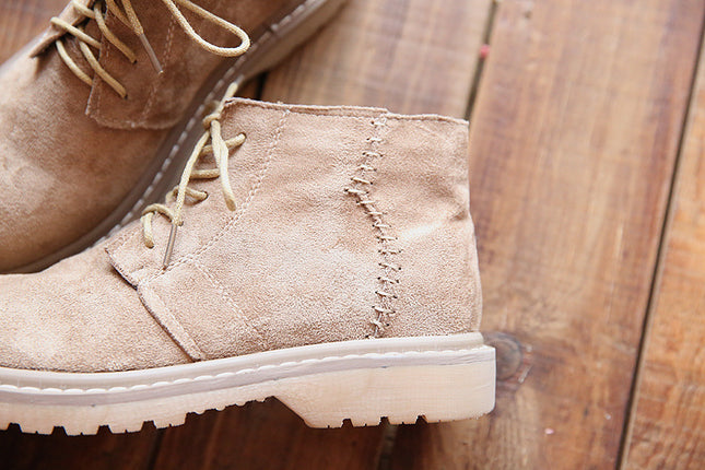 Vintage Suede Round Toe Lace-Up Ankle Boots