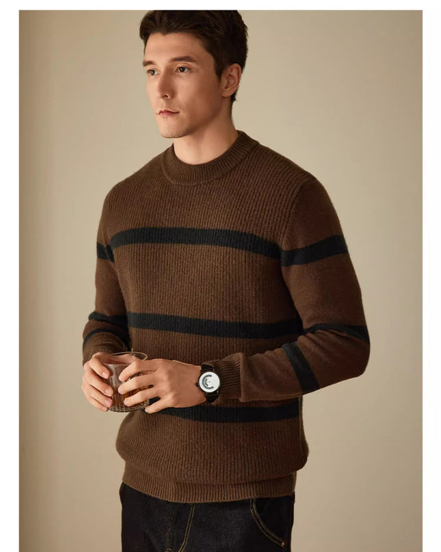 Pure Wool Men's Casual Striped Contrast Color Warm Sweater