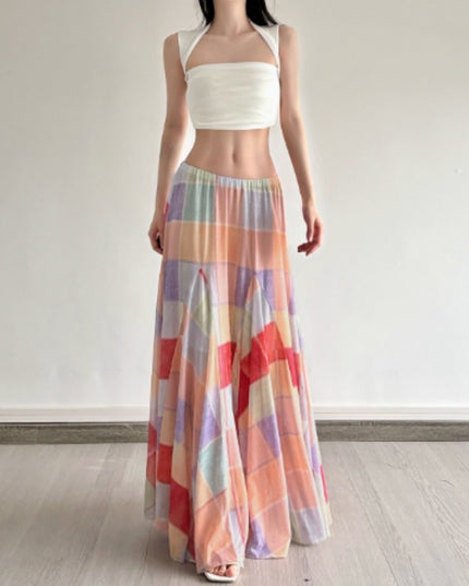 Colorful Flower Niche Artistic Colorblock Plaid Skirt