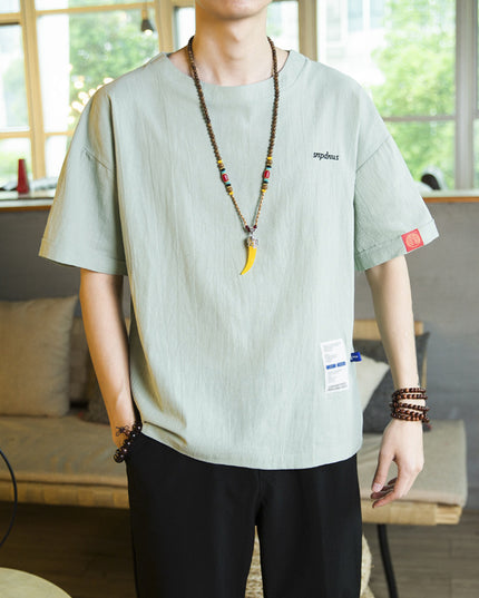 Chinese Men's Letter Embroidery Loose Half Sleeve Cotton Linen Short Sleeve