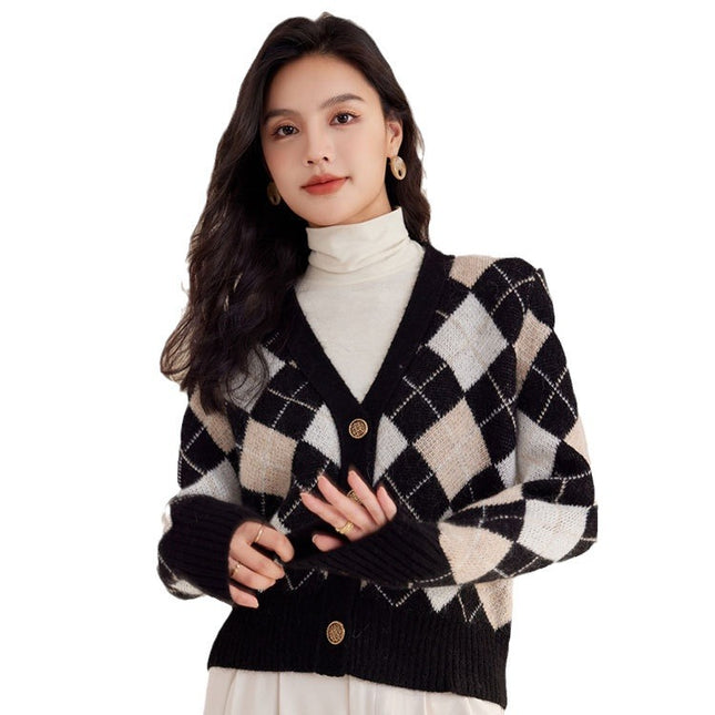 Autumn And Winter New French Minority Short Rhombus Long Sleeve Cashmere Knitted Coat