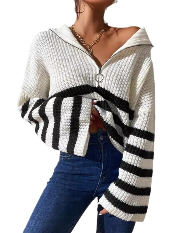 New Striped Contrast Color Stand-up Collar Knitted Pullover Sweater Outerwear Women