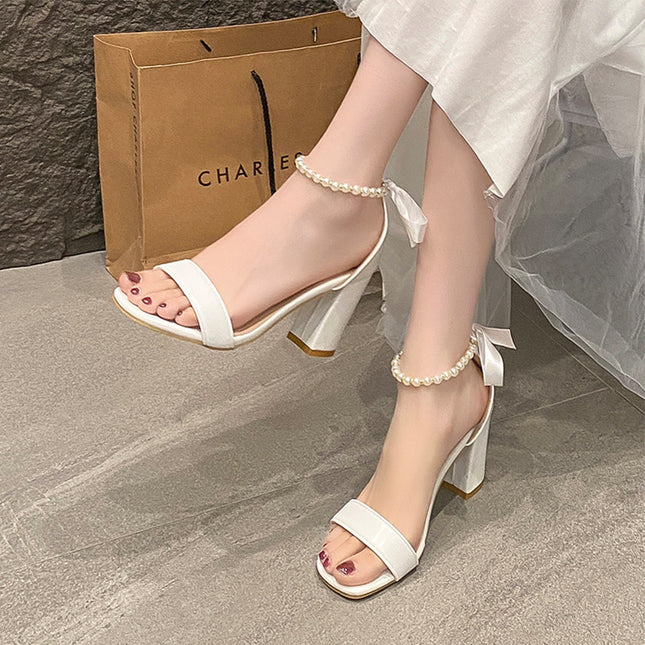 Summer New Pearl Bow Buckle Open Toe Chunky Heel All-match Sandals