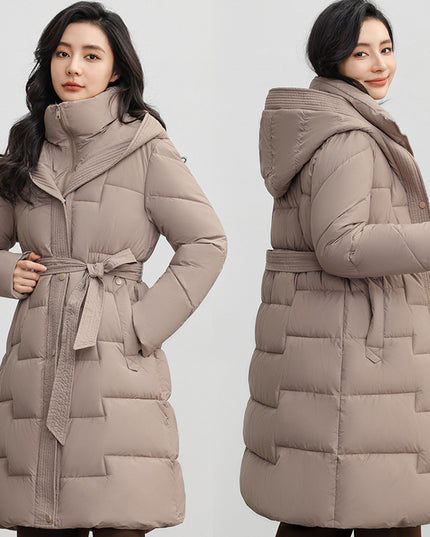 Women's Winter New Waist Trimming Fashion Mid-length Hooded Below-the-knee Coat