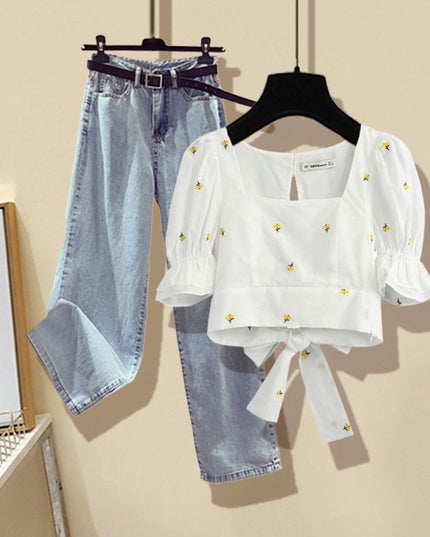 Women Sweet Fashion Floral Embroidery Cropped Blouses