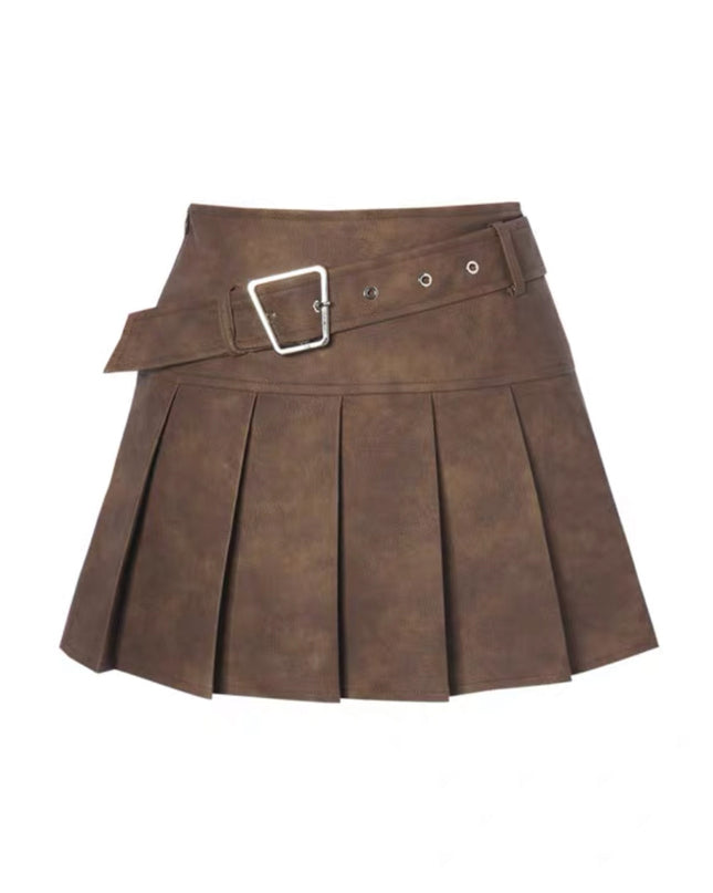 PU Leather Skirt High Waist Slimming A- Line Pleated Skirt