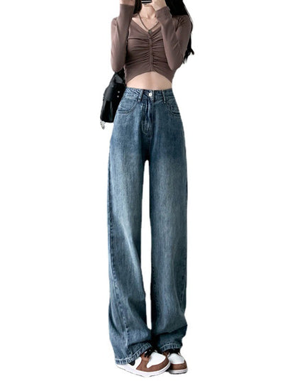 Draping Effect Wide Leg Jeans Women's High Waist Plus Size Mop Trousers