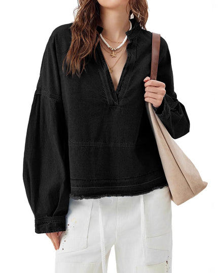 New V-neck Long Sleeve Loose Stitching Denim Long Sleeve Loose All-matching Top