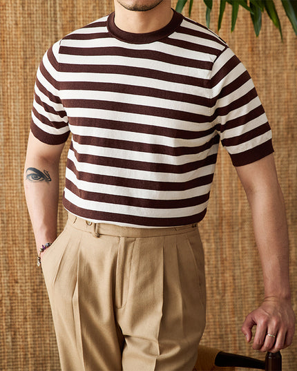 Striped Navy-striped Shirt Breathable Tencel Cotton Round Neck Short Sleeve T-shirt