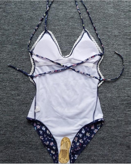Lace-trimmed floral print straps bikini