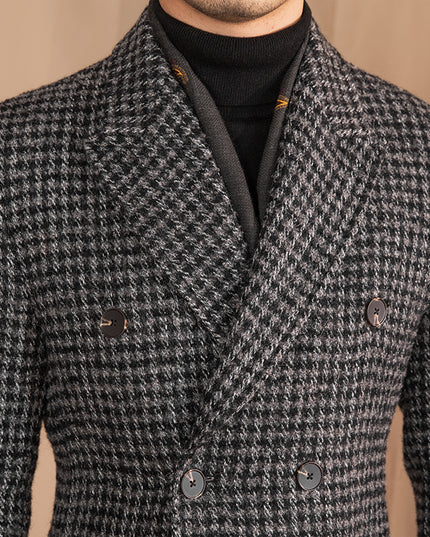 Wool Double Breasted Houndstooth Coat Mid-length Coat