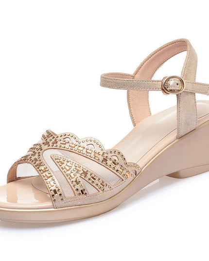 Women's Summer Chunky Mid Wedge Sandals With One Line Buckle Heels
