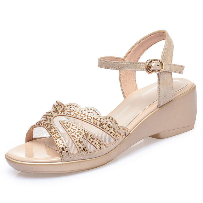Women's Summer Chunky Mid Wedge Sandals With One Line Buckle Heels