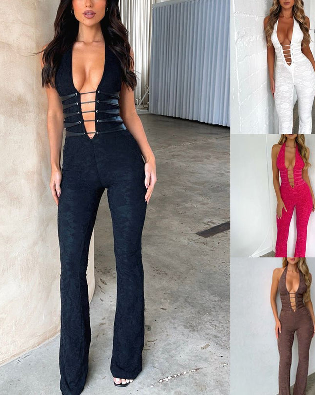 Lash Rope Lace Up Slim Fit Jumpsuit See-through Lace