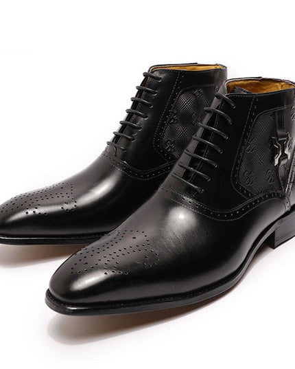 Men's Pointed Leather Boots Front Lace-up  Boots