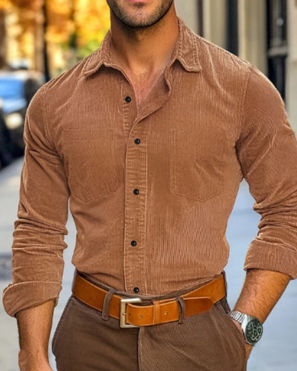 Men's Button Leisure Corduroy Shirt Long Sleeve Solid Color Polo Collar