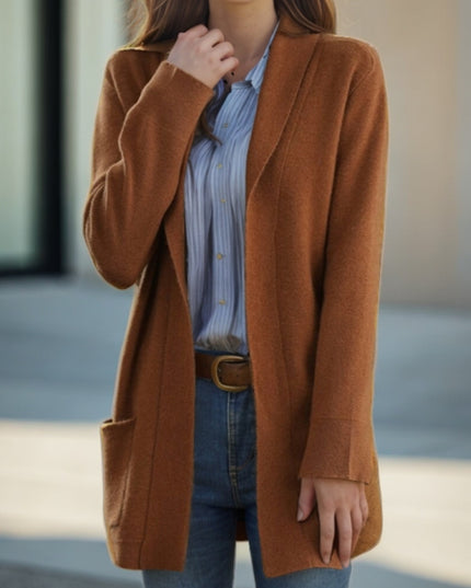 New Polo Collar Solid Color Long-sleeved Knitted Cardigan Loose Pockets Sweater Coat For Women