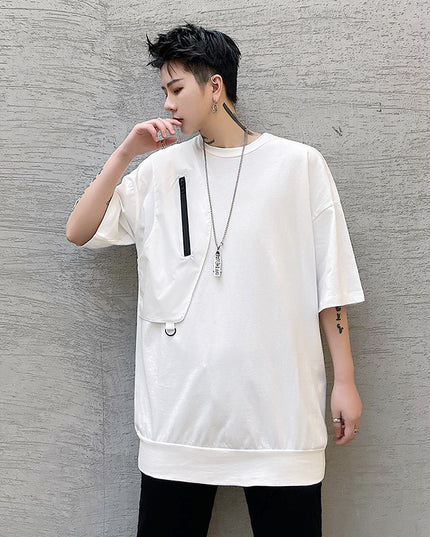 Personality Trend Stitching Functional Zipper Short Sleeve T-shirt For Men