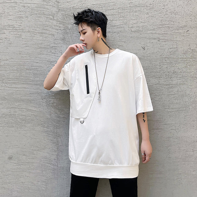 Personality Trend Stitching Functional Zipper Short Sleeve T-shirt For Men