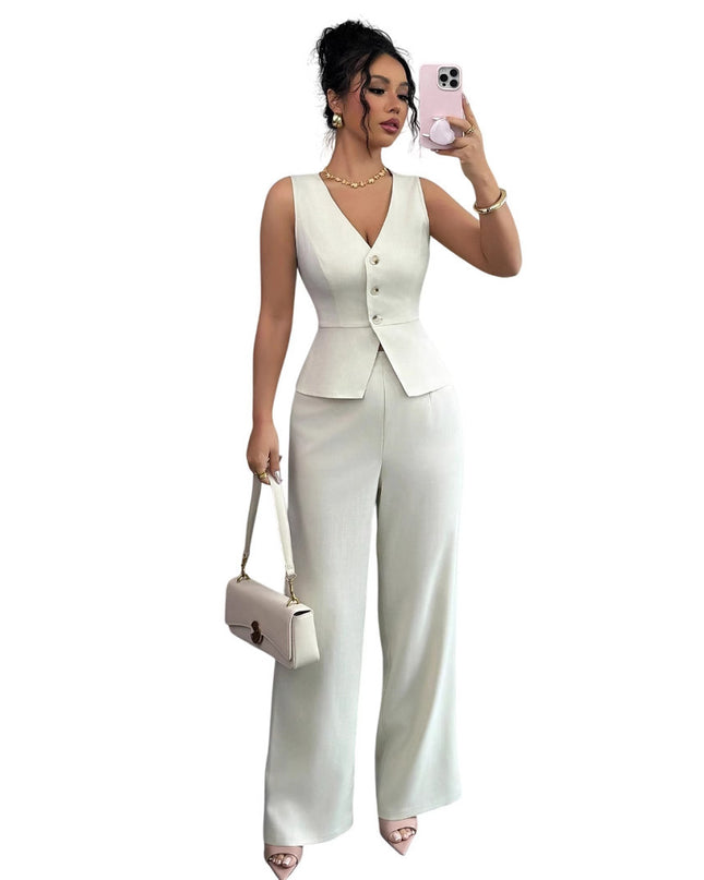 Solid Color Sleeveless Slim Fit Vest High Waist Trousers Two-piece Set