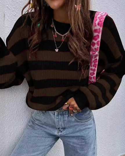 Autumn And Winter New Contrast Color Loose Shoulder Striped Pullover Sweater