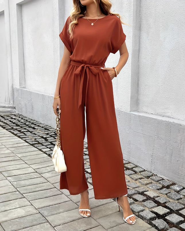 Women's Fashion Solid Color With Belt Round Neck Jumpsuit