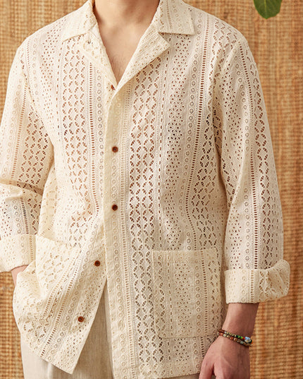 Cotton Hollow Cuban Collar Long Sleeve Shirt