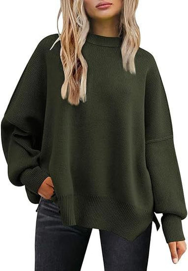 Thick Needle Side Slit Sweater Round Neck Loose Solid Color Batwing Long Sleeve Sweater For Women