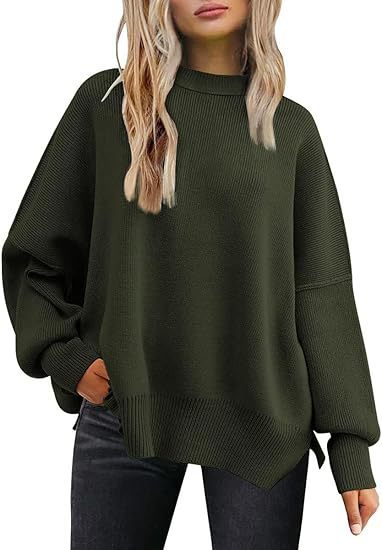 Thick Needle Side Slit Sweater Round Neck Loose Solid Color Batwing Long Sleeve Sweater For Women