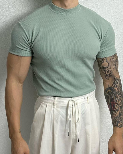 Men's American-style Pure Color Half Collar Thread Stretch T-shirt Top