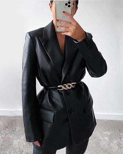 Solid color suit collar fake pocket women's leather jacket