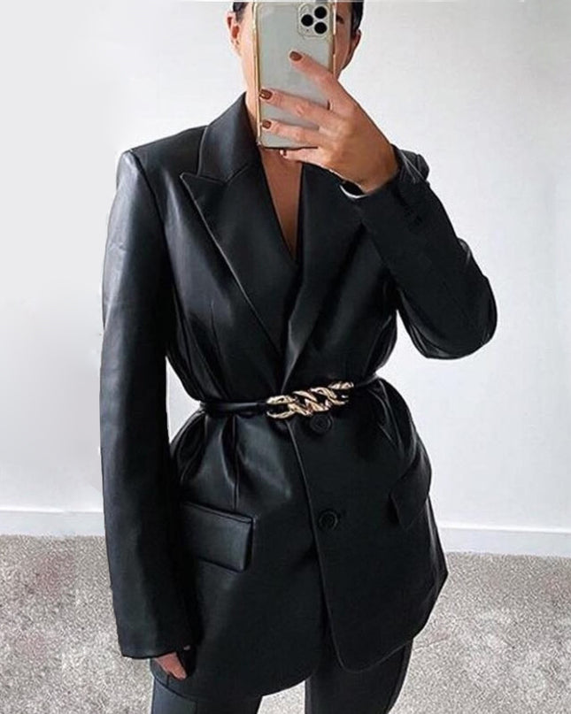 Solid color suit collar fake pocket women's leather jacket