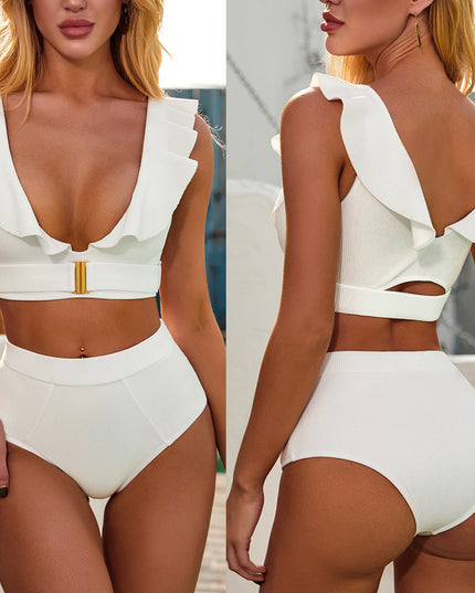 White swimsuit with ruffled metal buckle