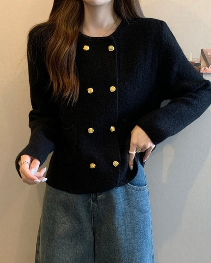 Solid Color Double Breasted Round Neck Knitted Cardigan