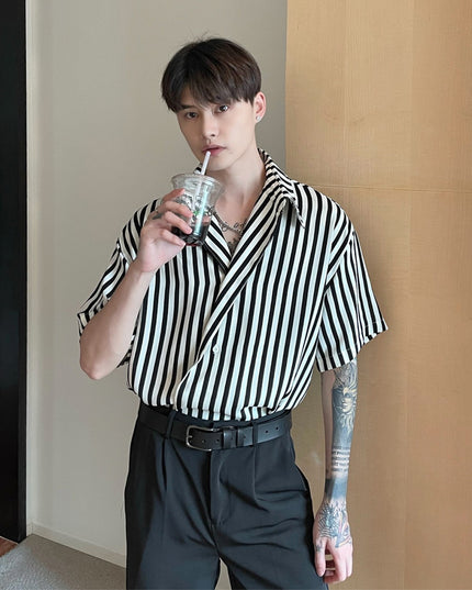 Men's Slanted Placket Striped Lapel Shirt