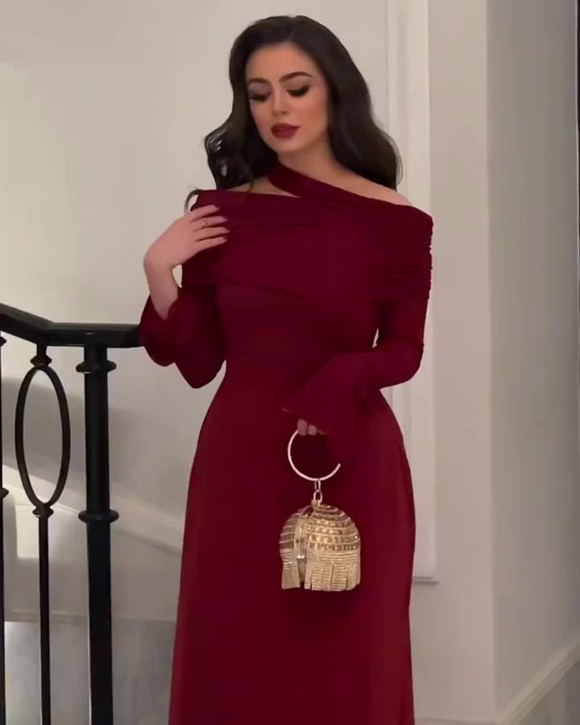 Burgundy Off-Shoulder Long-Sleeve Maxi Dress