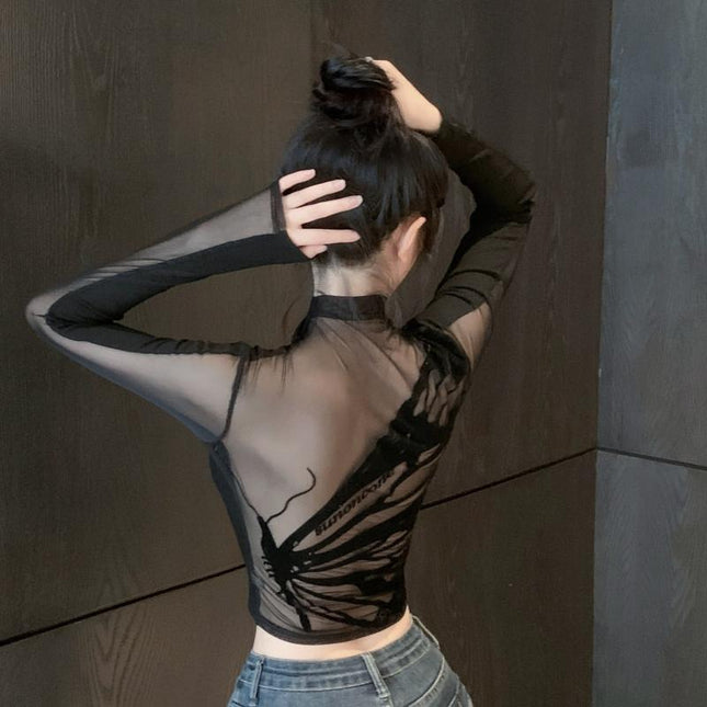 Spring And Autumn American Hot Girl Chic Mesh Short Stitching Long Sleeve