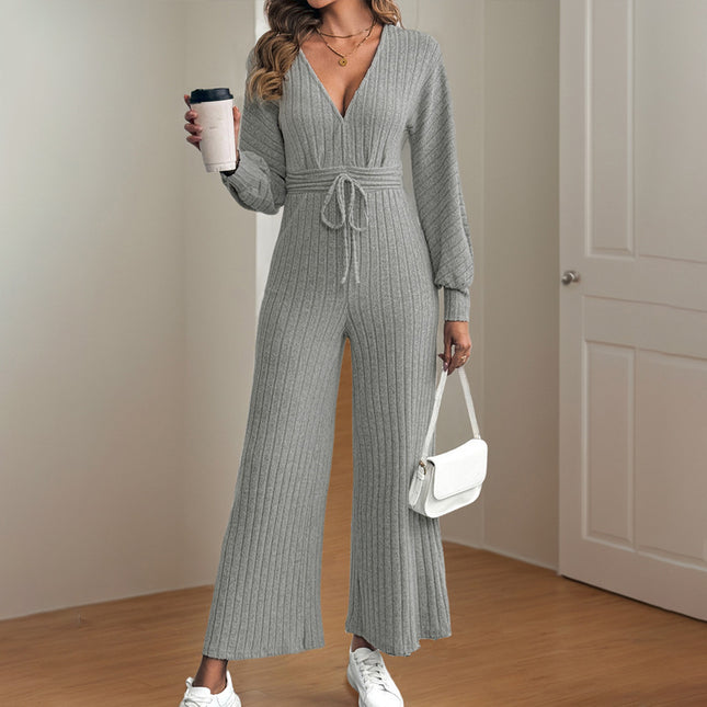 V-neck Lace-up Batwing Sleeve Solid Color Wide Leg Jumpsuit