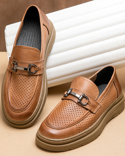 Leather Shoes Men's Summer Breathable Authentic Leather Hollow Out Men's Slip-on