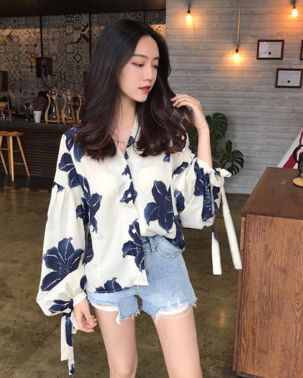 Hong Kong-Style Retro Lantern Sleeve Floral Chiffon Shirt