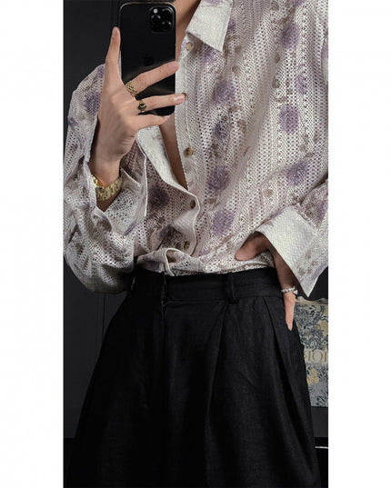 Men's Idle Style Hollow Flower Long Sleeve Shirt