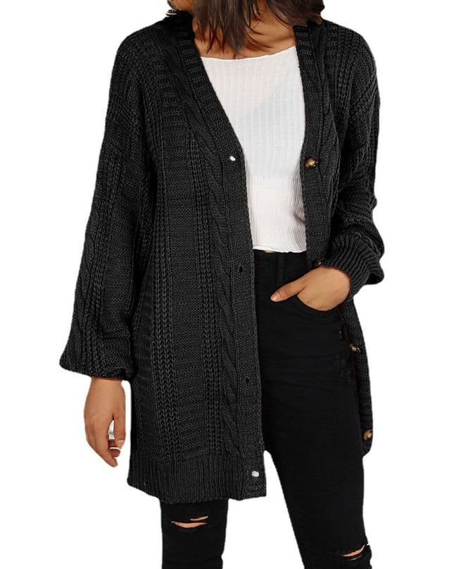 Autumn New Knitted Solid Color Plus Size Cardigan V-neck Twist Lantern Sleeve Coat For Women