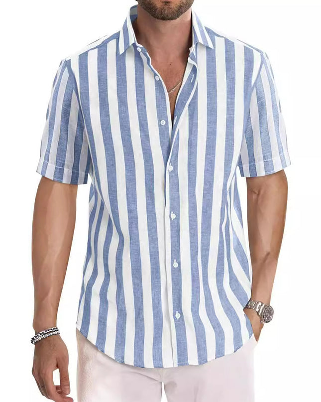 Casual Fashion Short Sleeve Striped Dress Shirt Cotton Beach Shirt