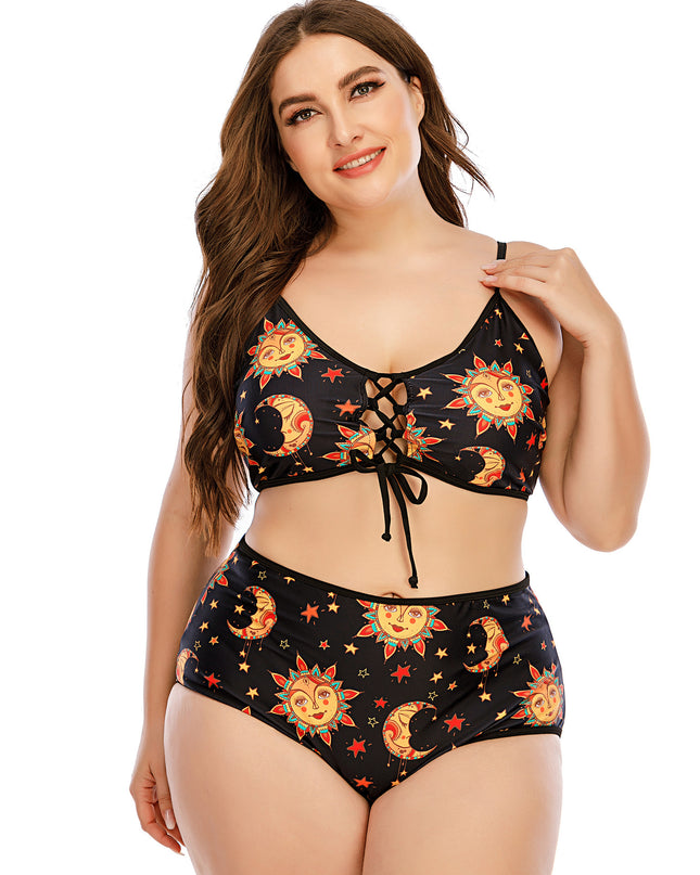 Bikini Split Large Sling Digital Printed Gathered Cross Strap High Waist Swimsuit