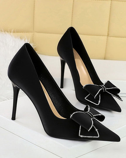 Rhinestone Bow Stiletto Heel Pumps Pointed High Heels