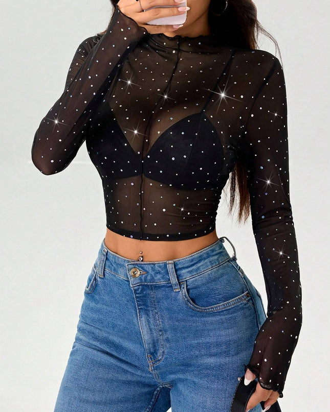 Stand-up Collar Long-sleeved Mesh Transparent Sequined Decorative T-shirt Top