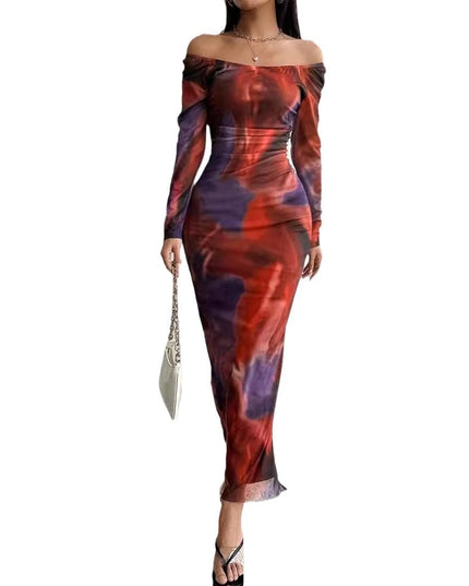 Printed Pleated Sexy Tight Split Square Collar Dress