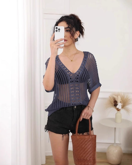 European And American Loose Pullover Hollow Out See-through Loose Short Sleeve V-neck Knitted Blouse
