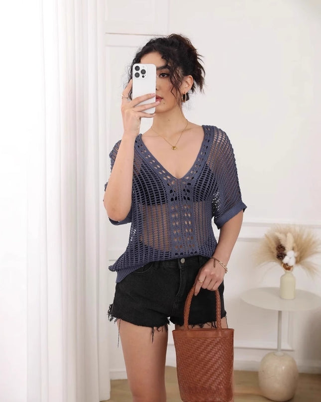 European And American Loose Pullover Hollow Out See-through Loose Short Sleeve V-neck Knitted Blouse