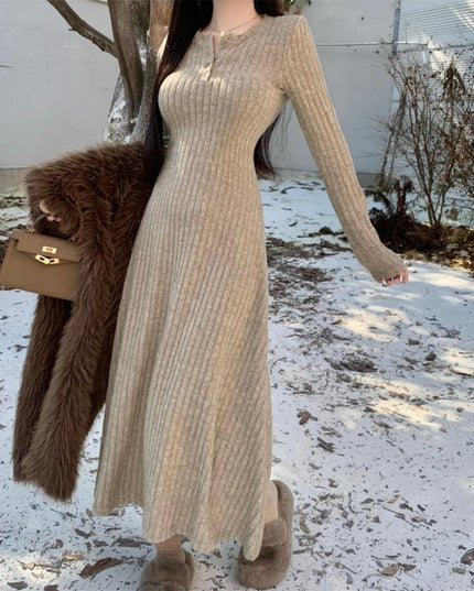 Slim-fit Temperament Pure Color Bottoming Skirt V-neck Knitted French Midi Skirt